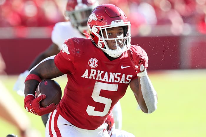 Oct 1, 2022; Fayetteville, Arkansas, USA; Arkansas Razorbacks running back Raheim Sanders (5) rushes in the second quarter against the Alabama Crimson Tide at Donald W. Reynolds Razorback Stadium. Mandatory Credit: Nelson Chenault-USA TODAY Sports